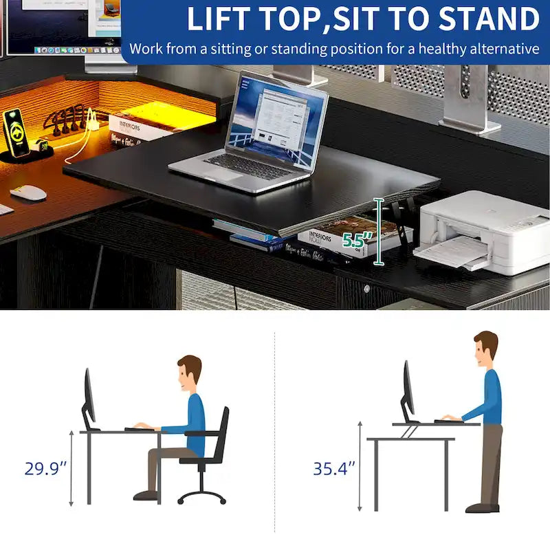 Bureau d'angle en L avec lumières LED, classeur et plateau relevable, Blanc