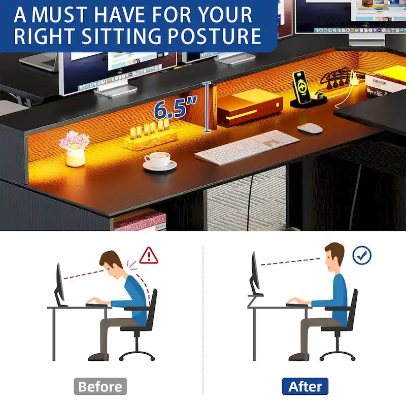 Bureau d'angle en L avec lumières LED, classeur et plateau relevable, Blanc