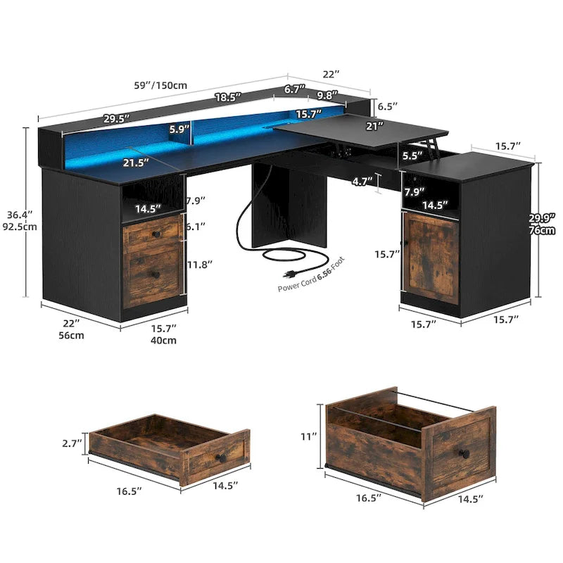Bureau d'angle en L avec lumières LED, classeur et plateau relevable, Blanc