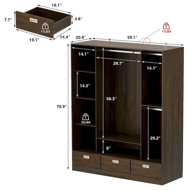 Armoire en bois grainé marron avec portes coulissantes à persiennes, tiroirs et tringle de penderie