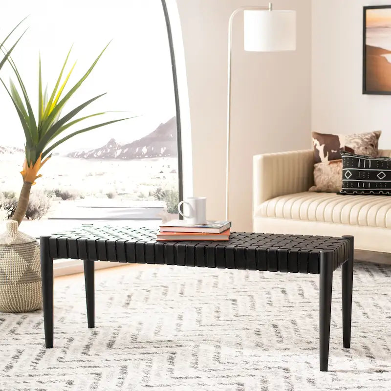 Banc d'appoint en cuir tressé avec cadre en bois, noir