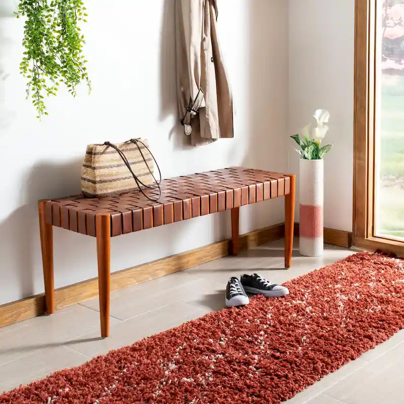 Banc d'appoint en cuir tressé avec cadre en bois, noir