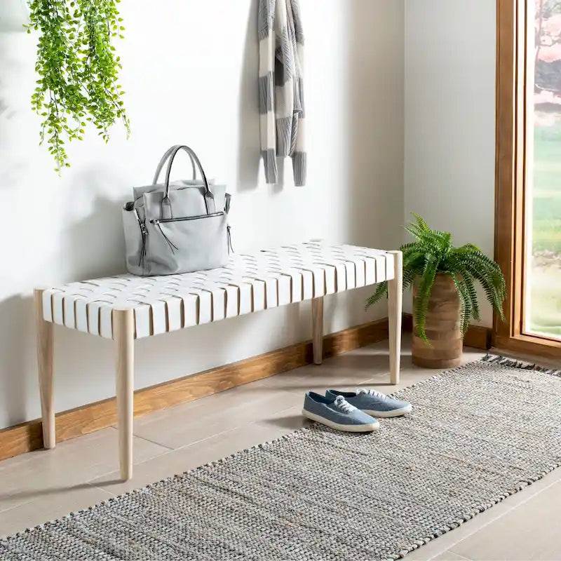 Banc d'appoint en cuir tressé avec cadre en bois, noir