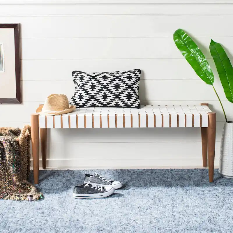 Banc d'appoint en cuir tressé avec cadre en bois, noir