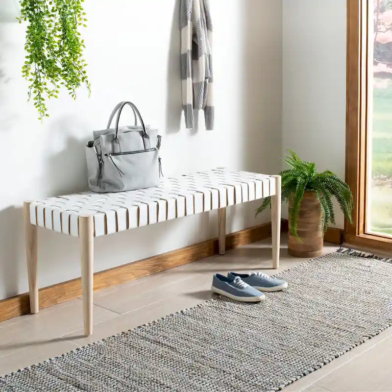 Banc d'appoint en cuir tressé avec cadre en bois, noir