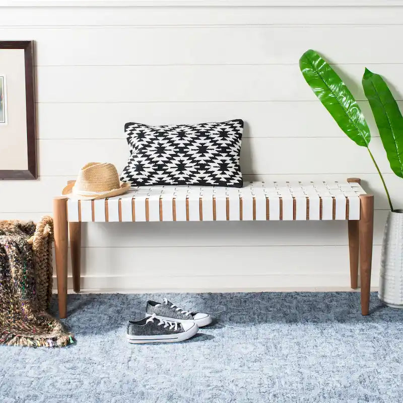 Banc d'appoint en cuir tressé avec cadre en bois, noir
