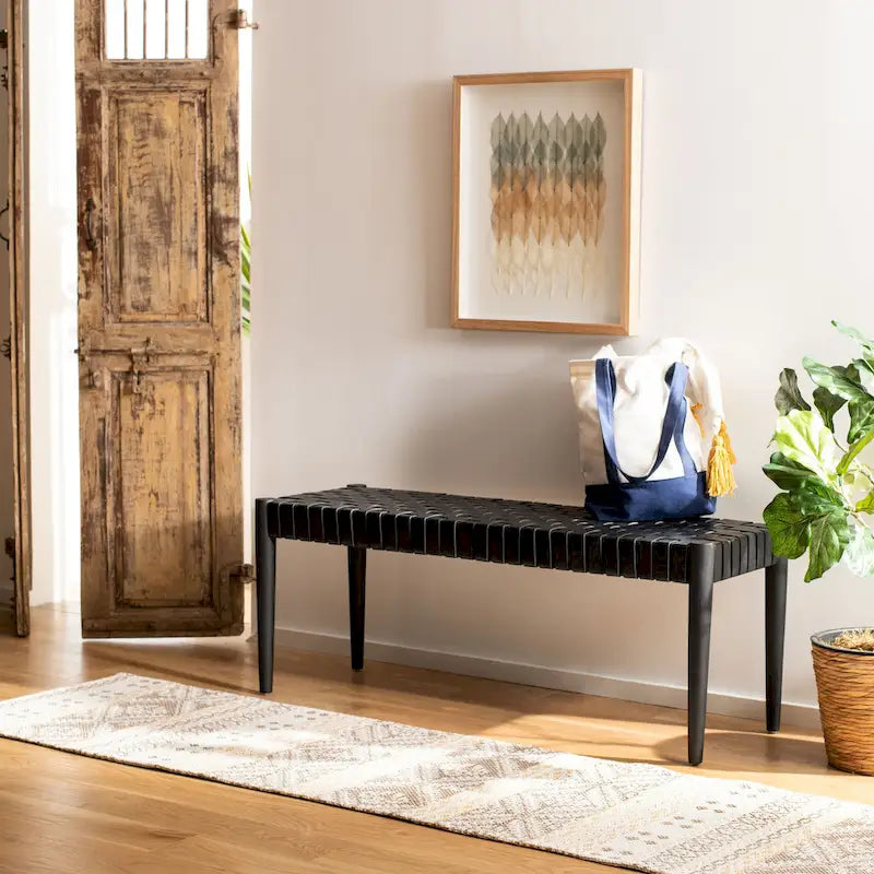 Banc d'appoint en cuir tressé avec cadre en bois, noir