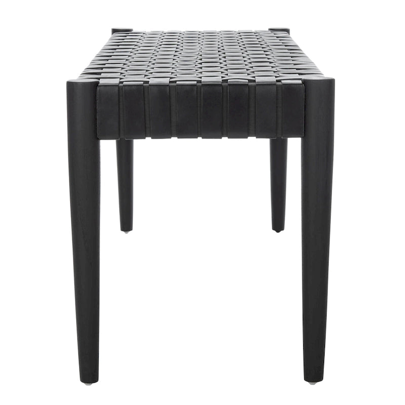 Banc d'appoint en cuir tressé avec cadre en bois, noir