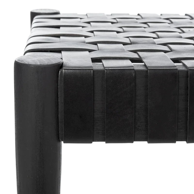 Banc d'appoint en cuir tressé avec cadre en bois, noir