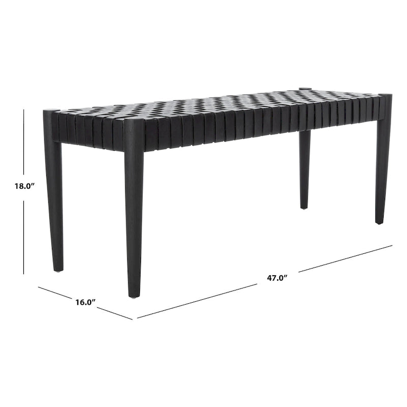 Banc d'appoint en cuir tressé avec cadre en bois, noir