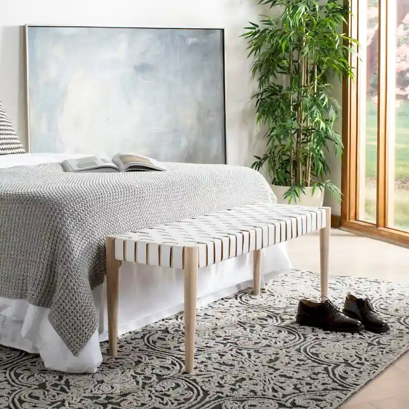 Banc d'appoint en cuir tressé avec cadre en bois, noir