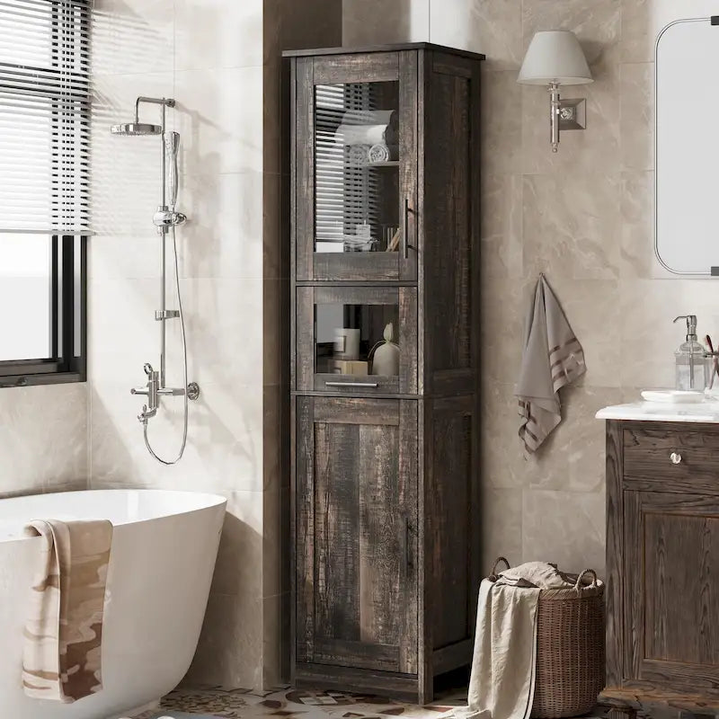 Meuble de rangement haut et étroit pour salle de bain avec portes vitrées, tiroir et étagères réglables, chêne