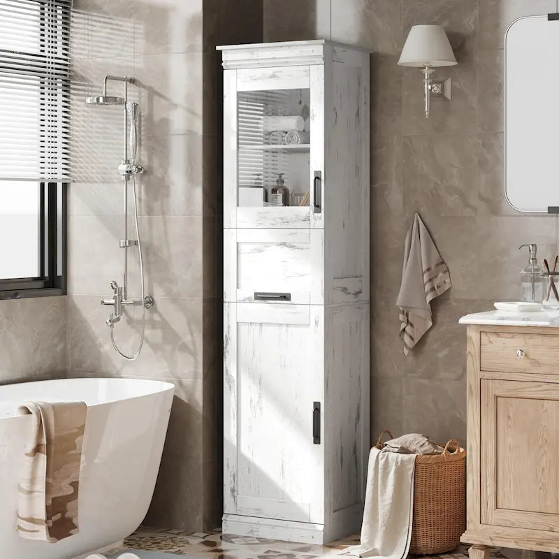 Meuble de rangement haut et étroit pour salle de bain avec portes vitrées, tiroir et étagères réglables, chêne