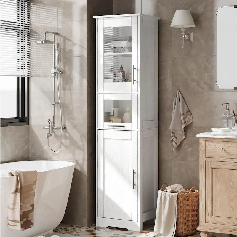 Meuble de rangement haut et étroit pour salle de bain avec portes vitrées, tiroir et étagères réglables, chêne
