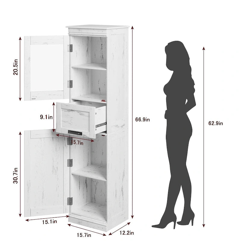Meuble de rangement haut et étroit pour salle de bain avec portes vitrées, tiroir et étagères réglables, chêne