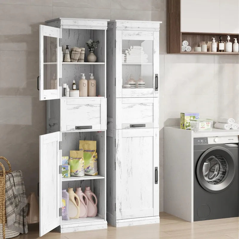 Meuble de rangement haut et étroit pour salle de bain avec portes vitrées, tiroir et étagères réglables, chêne