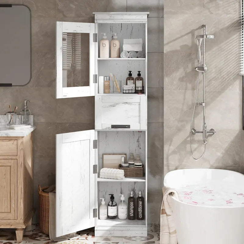Meuble de rangement haut et étroit pour salle de bain avec portes vitrées, tiroir et étagères réglables, chêne