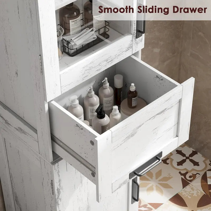 Meuble de rangement haut et étroit pour salle de bain avec portes vitrées, tiroir et étagères réglables, chêne