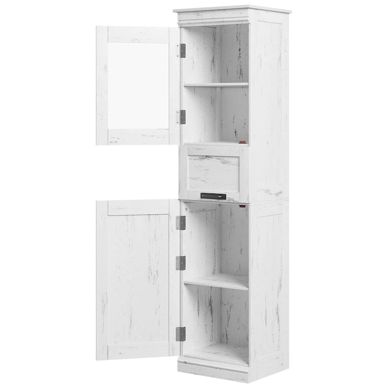 Meuble de rangement haut et étroit pour salle de bain avec portes vitrées, tiroir et étagères réglables, chêne
