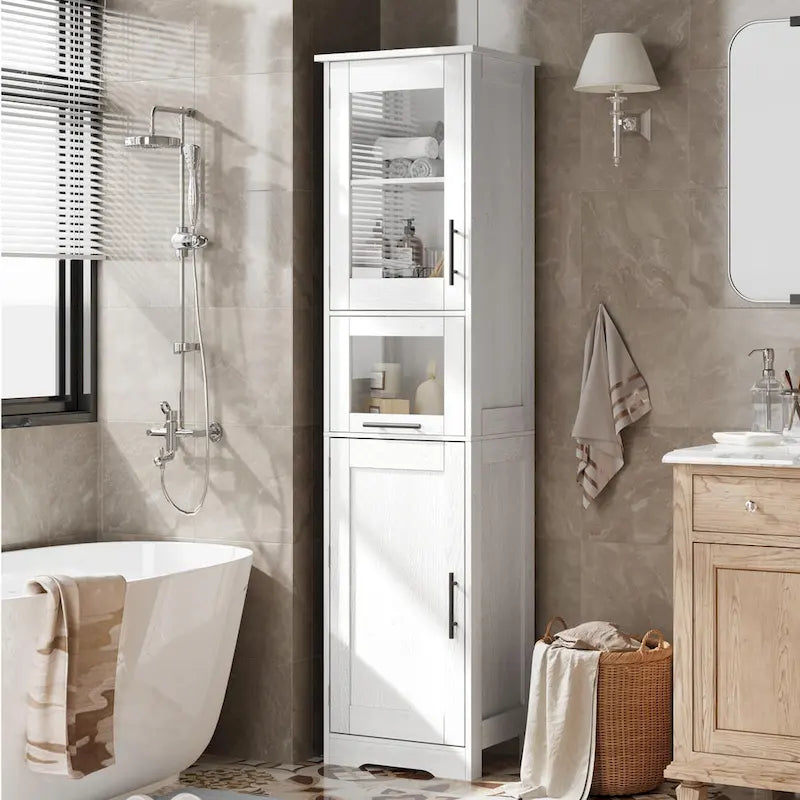 Meuble de rangement haut et étroit pour salle de bain avec portes vitrées, tiroir et étagères réglables, chêne