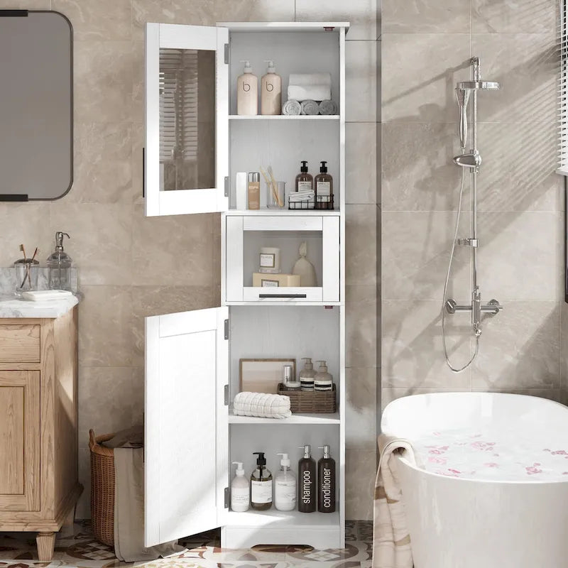 Meuble de rangement haut et étroit pour salle de bain avec portes vitrées, tiroir et étagères réglables, chêne