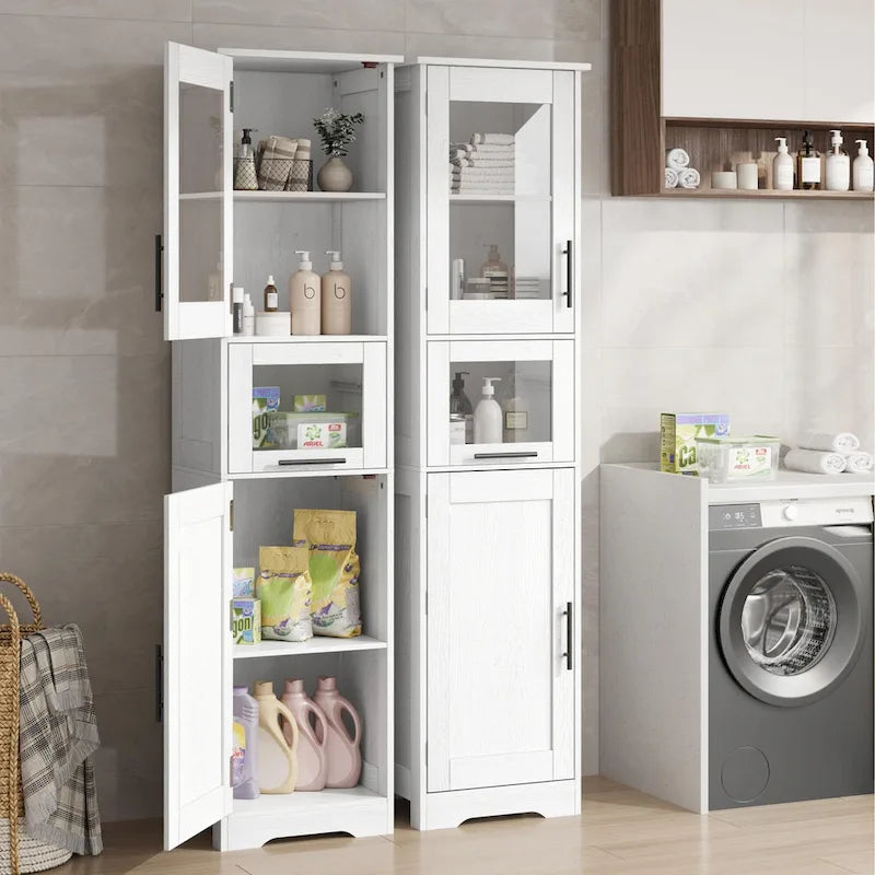 Meuble de rangement haut et étroit pour salle de bain avec portes vitrées, tiroir et étagères réglables, chêne