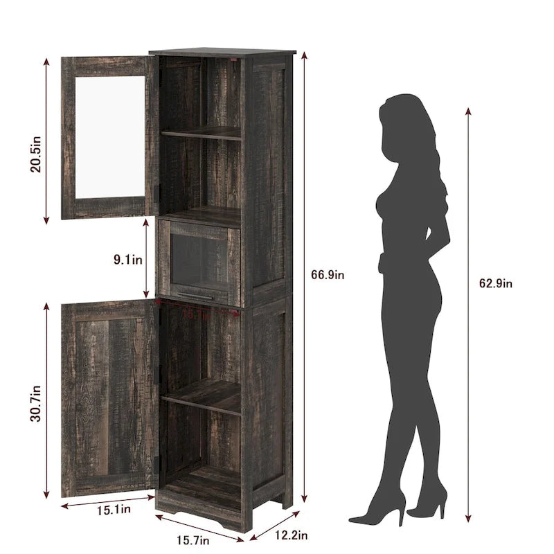 Meuble de rangement haut et étroit pour salle de bain avec portes vitrées, tiroir et étagères réglables, chêne