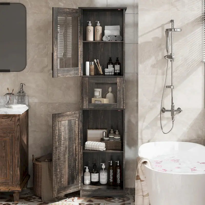 Meuble de rangement haut et étroit pour salle de bain avec portes vitrées, tiroir et étagères réglables, chêne
