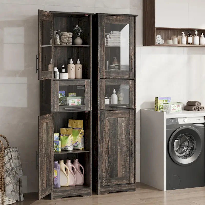 Meuble de rangement haut et étroit pour salle de bain avec portes vitrées, tiroir et étagères réglables, chêne