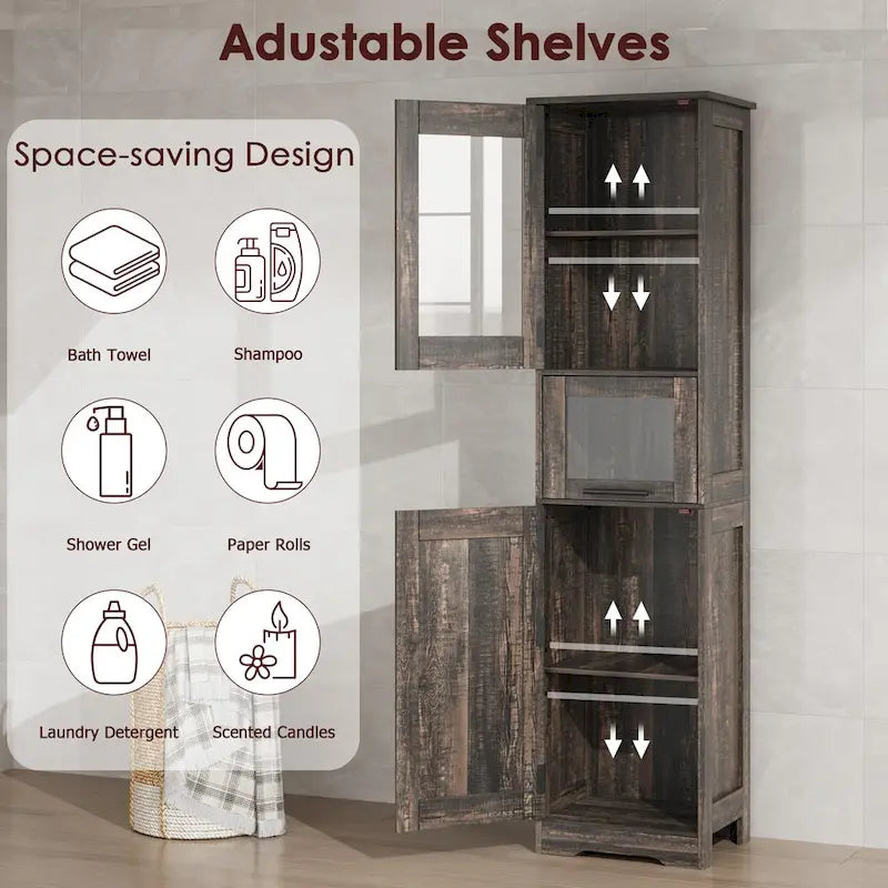 Meuble de rangement haut et étroit pour salle de bain avec portes vitrées, tiroir et étagères réglables, chêne