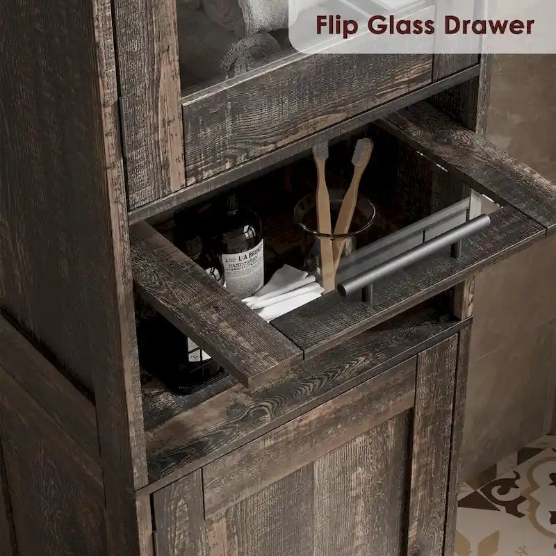 Meuble de rangement haut et étroit pour salle de bain avec portes vitrées, tiroir et étagères réglables, chêne