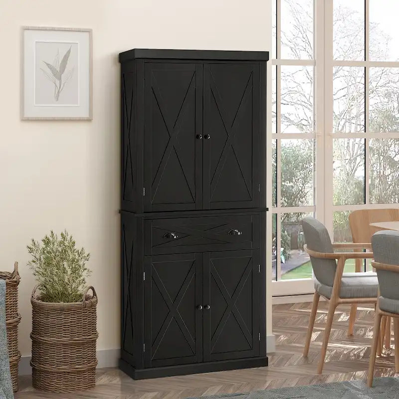 Meuble de rangement autoportant 4 portes pour garde-manger de cuisine avec tiroir, noir et blanc