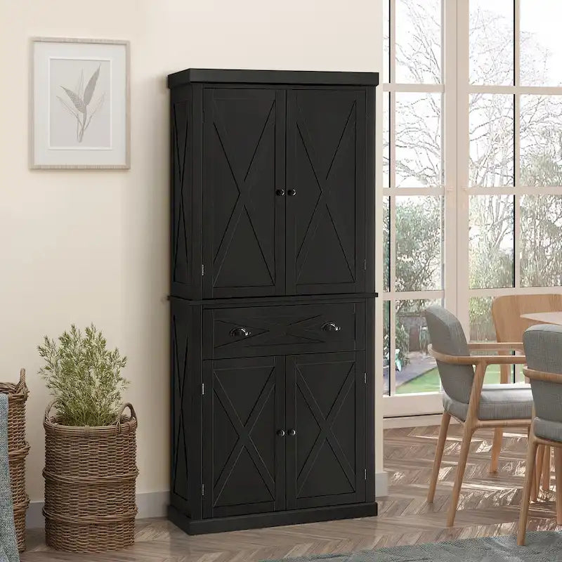 Meuble de rangement autoportant 4 portes pour garde-manger de cuisine avec tiroir, noir et blanc