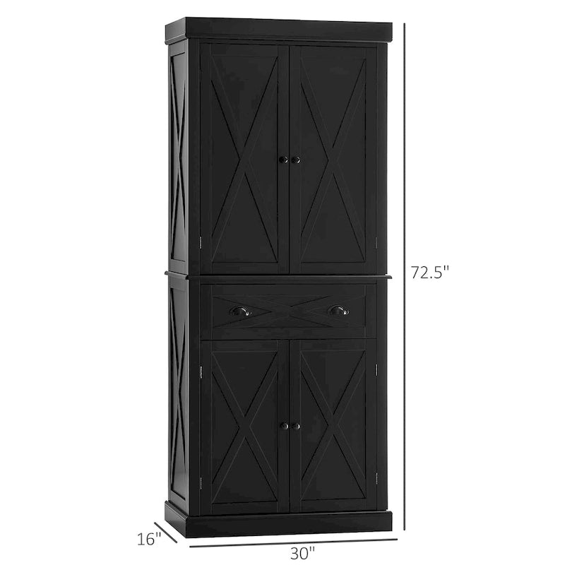 Meuble de rangement autoportant 4 portes pour garde-manger de cuisine avec tiroir, noir et blanc