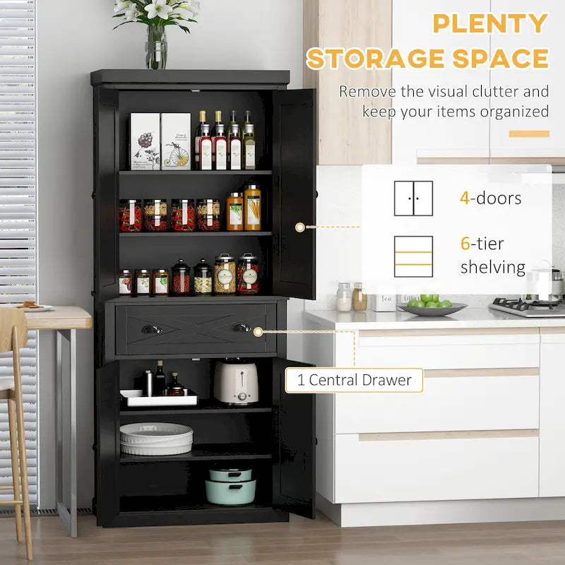 Meuble de rangement autoportant 4 portes pour garde-manger de cuisine avec tiroir, noir et blanc
