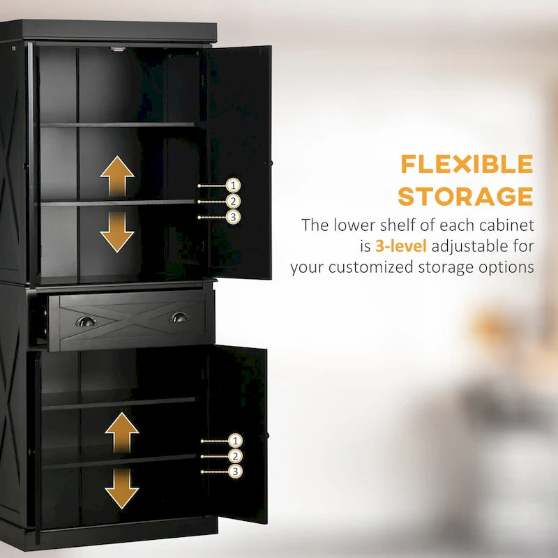 Meuble de rangement autoportant 4 portes pour garde-manger de cuisine avec tiroir, noir et blanc