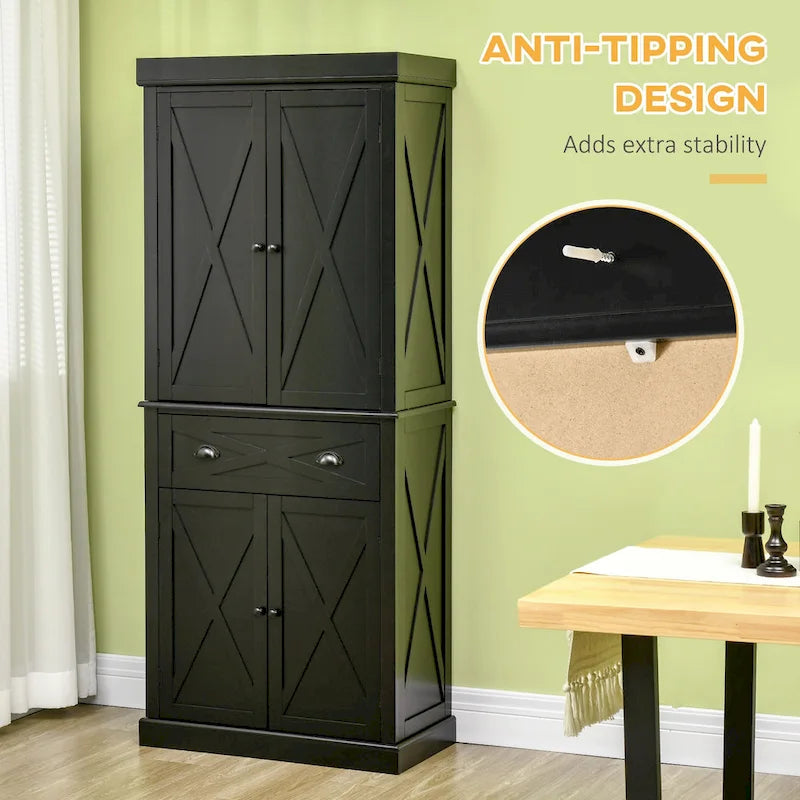 Meuble de rangement autoportant 4 portes pour garde-manger de cuisine avec tiroir, noir et blanc