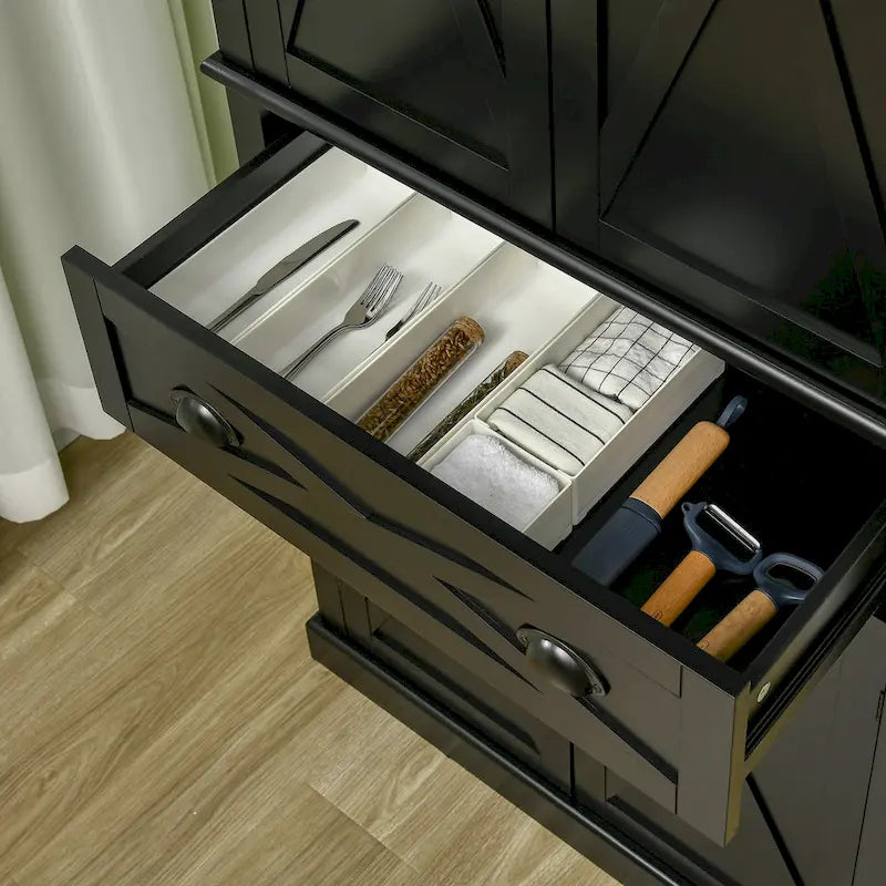 Meuble de rangement autoportant 4 portes pour garde-manger de cuisine avec tiroir, noir et blanc