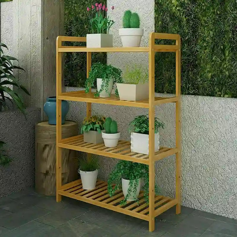 Étagère de rangement autoportante à 4 niveaux en bambou naturel, couleur bois naturel