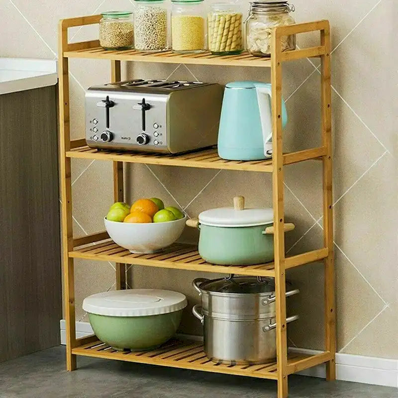 Étagère de rangement autoportante à 4 niveaux en bambou naturel, couleur bois naturel