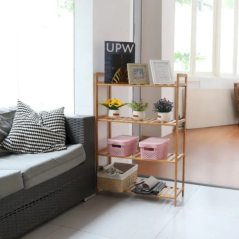 Étagère de rangement autoportante à 4 niveaux en bambou naturel, couleur bois naturel