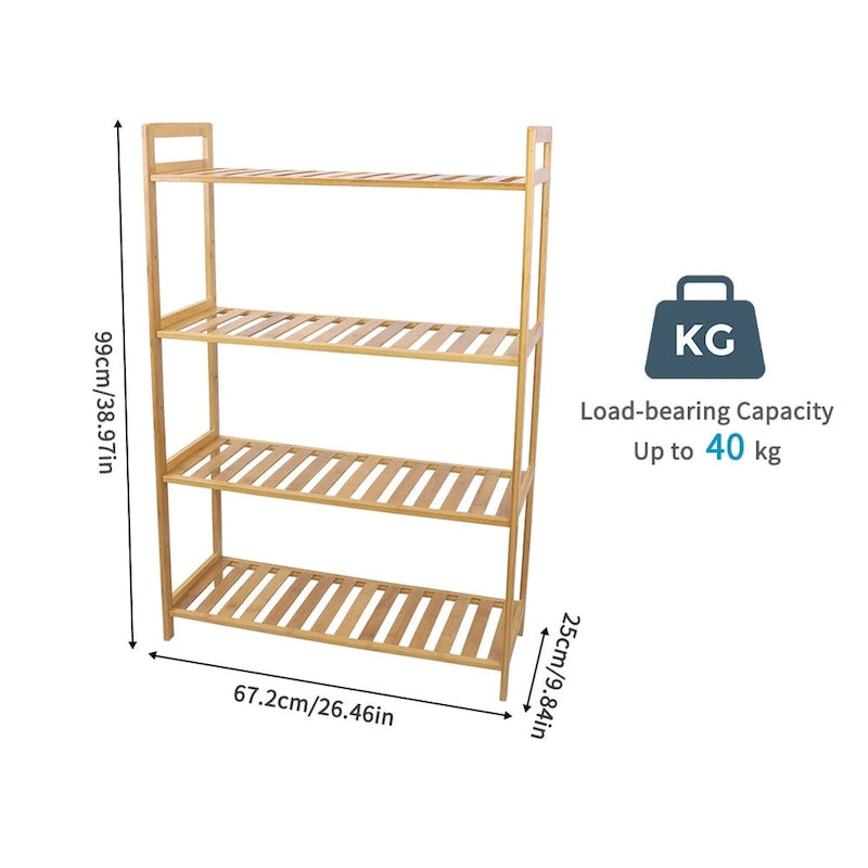 Étagère de rangement autoportante à 4 niveaux en bambou naturel, couleur bois naturel