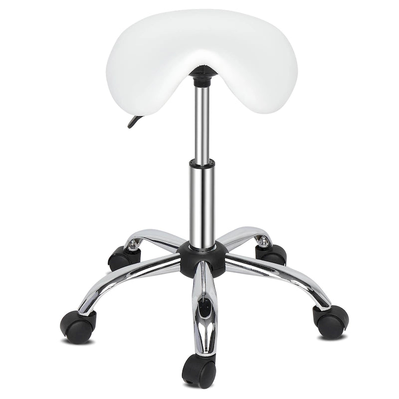 Tabouret roulant ergonomique en cuir PU, hauteur réglable, blanc et noir