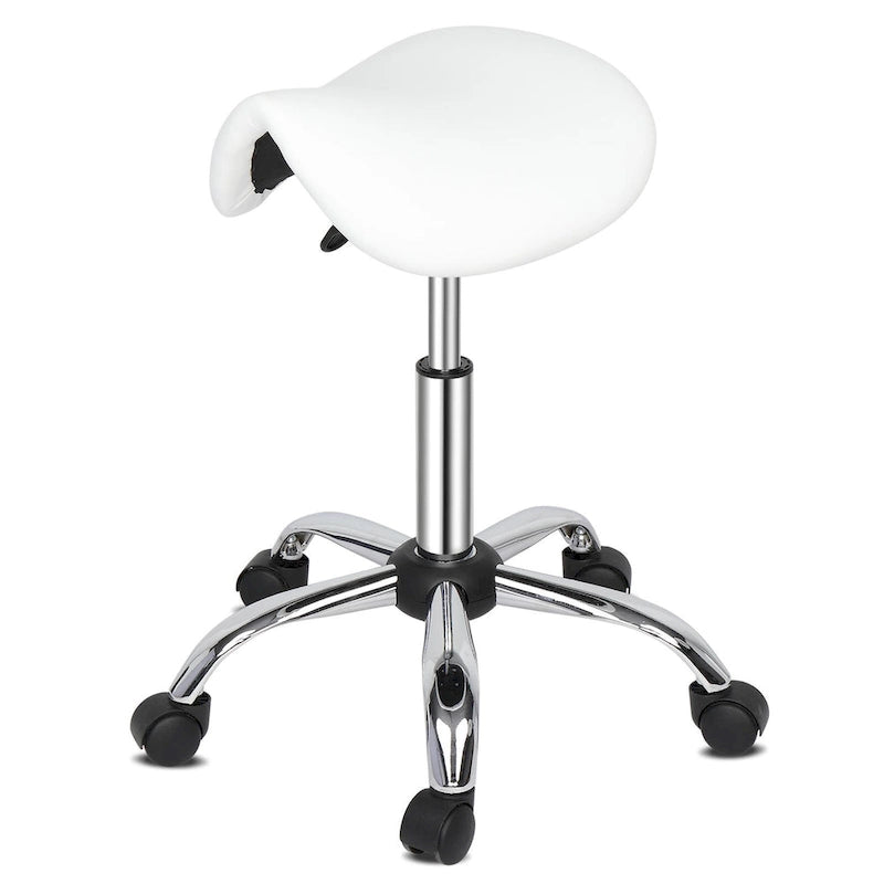 Tabouret roulant ergonomique en cuir PU, hauteur réglable, blanc et noir