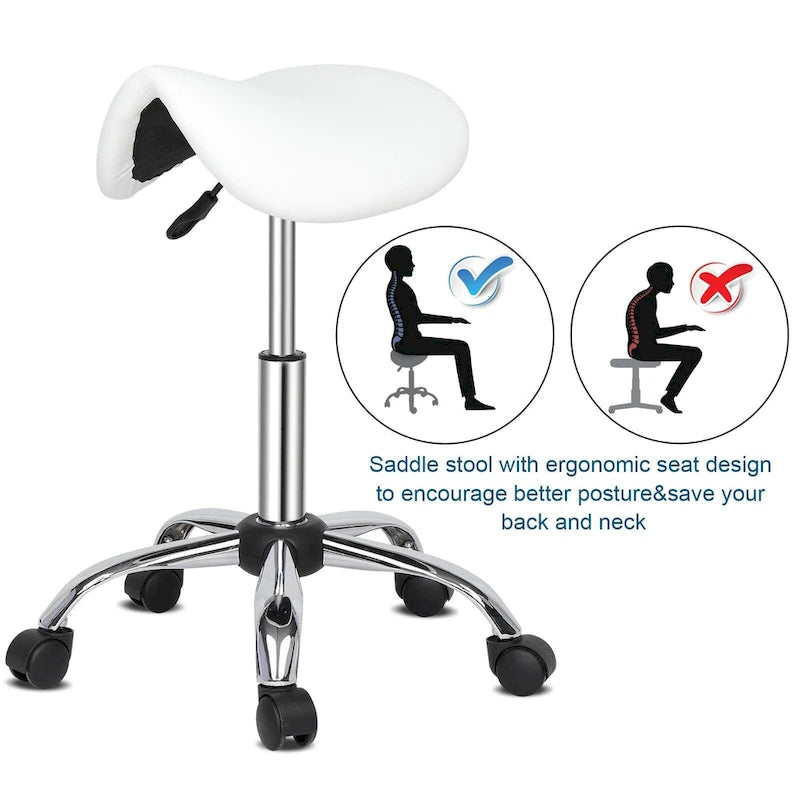 Tabouret roulant ergonomique en cuir PU, hauteur réglable, blanc et noir