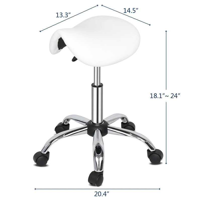 Tabouret roulant ergonomique en cuir PU, hauteur réglable, blanc et noir