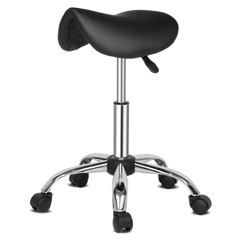 Tabouret roulant ergonomique en cuir PU, hauteur réglable, blanc et noir