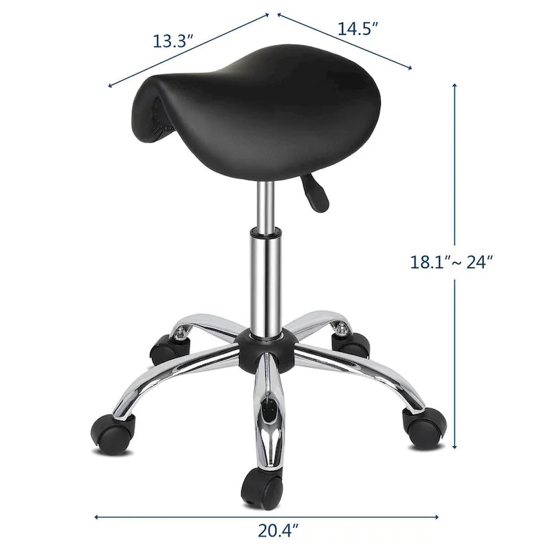 Tabouret roulant ergonomique en cuir PU, hauteur réglable, blanc et noir