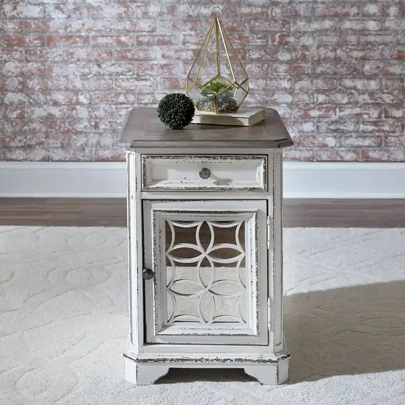 Table d'appoint de style antique en bois vieilli blanc avec porte miroir
