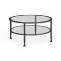 Table basse ronde en fer noir vieilli avec plateau en verre trempé et étagère inférieure